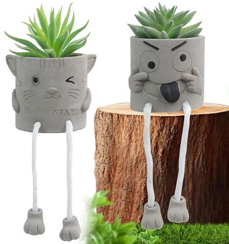 Vrexziy Fake Plants with Cement Potted, 2 Pack Mini Fake Succulents Plants | Artificial Plant Potted with Hanging Leg Artificial Succulents Potted Plant Decor Suitable for Home Office Bedroom