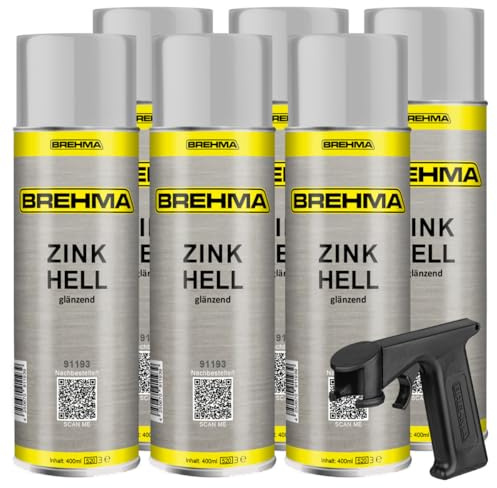 BREHMA 6x Zinkspray hell glänzend Grundierung Korrosionsschutz bis 300° C 400ml inkl. Griff