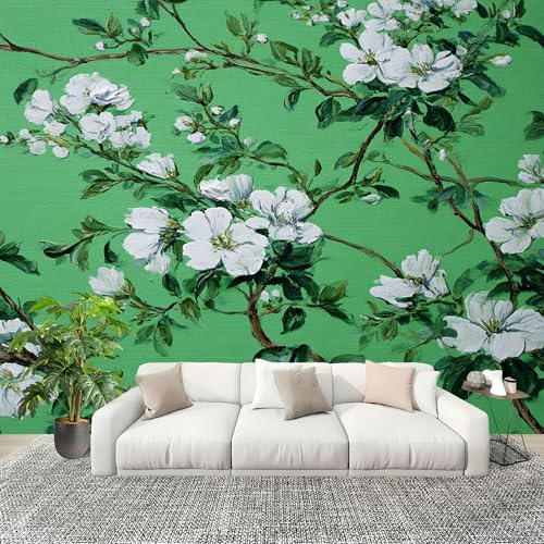 Carta da Parati Acquerello Motivo Floreale Fotografica Panorama Effetto 200x140 cm Decorazione Casa per Pareti per Camera Da Letto Sala Verde Fotomurali In Tessuto Non Tessuto