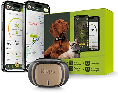 Kippy – GPS Tracker Halsband Evo für Hunde und Katzen – Gesundheits- und Aktivitäts-Tracker – Wasserdichtes Ortungsgerät Mit Sofortalarm und LED – Braun