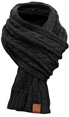 Rough Knit Scarf - Strickschal, Langschal, gestrickt mit Echt-Leder Veredelung, Schal mit Cableknit Muster (Manufaktur13/M13) (2 Black)
