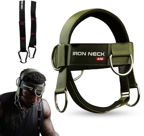 Iron Neck Neck Trainer, Exerciser, & Strengthener with Adjustable Head and Chin Strap - Portable Head Harness for Weight Lifting, Home, & Gym Use - Exercise & Workout Equipment (Alpha, Green)