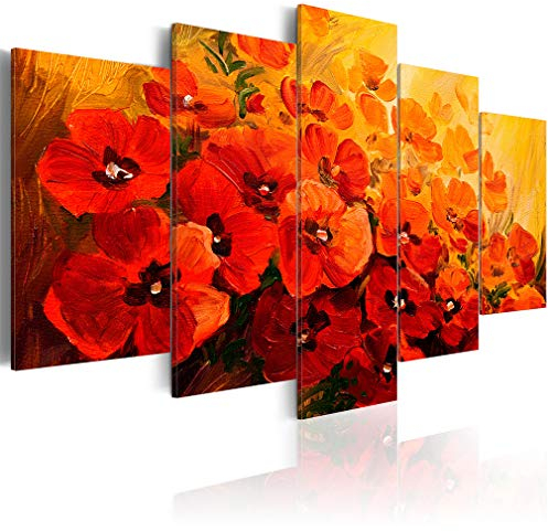 decomonkey Bilder Blumen Mohnblumen 150x75 cm XXL 5 Teilig Leinwandbilder Bild auf Leinwand Wandbild Kunstdruck Wanddeko Wand Wohnzimmer Wanddekoration Deko Abstrakt rot orange
