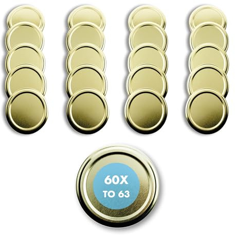 Flaschenbauer - Twist Off Ersatzdeckel 60 Stk. Gold 63mm - Deckel für Einmachgläser - TO 63 Schraubdeckel für Gläser, Einmachdeckel für Marmeladengläser, Aufbewahrungsgläser - Made in Germany