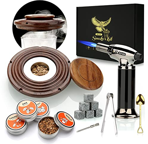 Kit de ahumador de cóctel con Mechero Madera para cóctel, Whisky, Bourbon, Bebida, Queso Kit de Regalo para Fumadores Antiguos para Amantes de la Bebida, papá, Marido-Walnut(Gas Butano No Incluido)