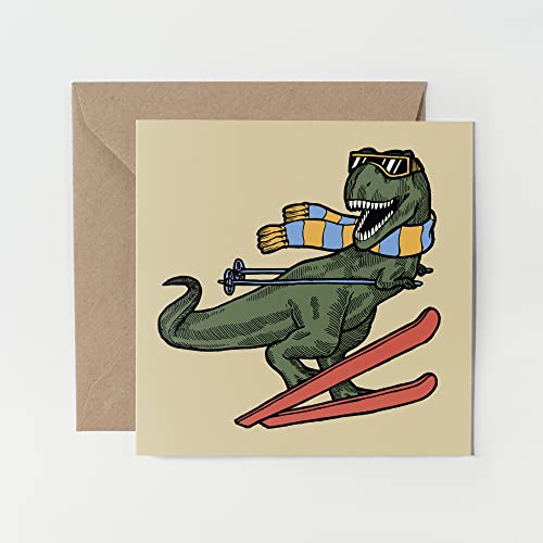 1 x Grußkarte – Lustige Skifahren T-Rex Dinosaurier Witz Kinder Jungen Ski Geschenk #0076