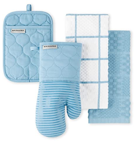 KitchenAid Quilted Cotton Terry Cloth Oven Mitt, Pot Holder, Kitchen Towel 4-Pack Set, Heat Resistant, Silicone Grip, Gift Set, Blue Velvet, 16x26, 7x13 & 7x10
