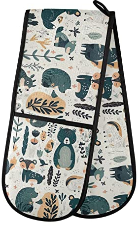 Maniques de cuisine doubles extra longues antidérapantes pour cuisine, pâtisserie, grillades, ours hérisson, agneau et plantes, 88,9 x 17,8 cm