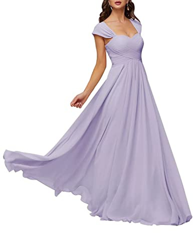 SAYNO Cap Sleeve Wedding Bridesmaid Dresses for Juniors A-Line Chiffon V Neck Formal Prom Evening Gowns Lilac UK10
