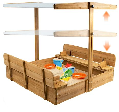 PetsCosset Wooden Sandbox with Cover, Sand Boxes for Kids Outdoor with Lid, Sandbox with 2 Foldable Bench Seats for Backyard (47x47in), UV-Resistant & Adjustable Height Roof, Gift for Ages 2-8