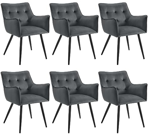 WOLTU Esszimmerstühle 6er-Set, Sessel, Küchenstuhl, Polsterstuhl, Stuhl mit Armlehnen Rückenlehne, Wohnzimmerstuhl mit Samtbezug, Metallbeine, für Esszimmer Küche,Dunkelgrau, BH374dgr-6