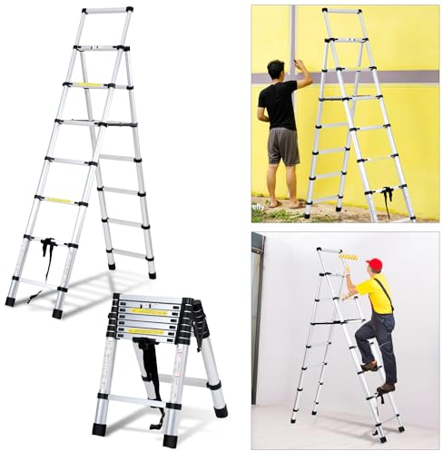 Eulenke Teleskopleiter 2.0m+2.3m Aluminium Trittleiter 6+7 Stufen Tragbare rutschfeste Klappleiter, 150 kg Belastbarkeit Stehleiter, Aluleiter für Drinnen, Draußen, Mehrzweckleiter, Haushaltsleiter
