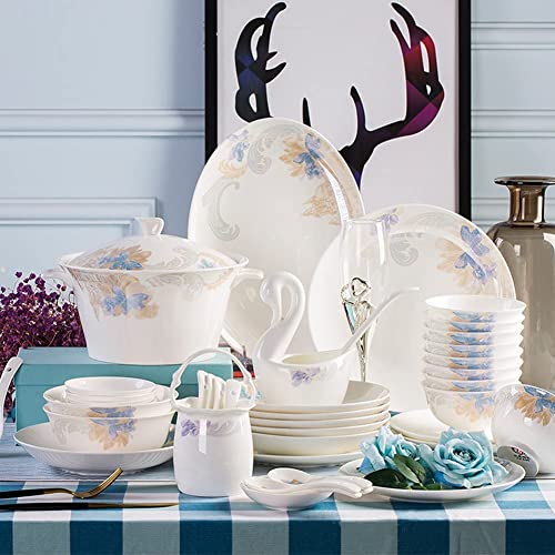 Juego de vajilla de porcelana de hueso, 58 piezas, juego de cena de cocina de porcelana, juego combinado de vajilla con tazones, postre, sopa, platos de pescado y olla para sopa, servicio para 10