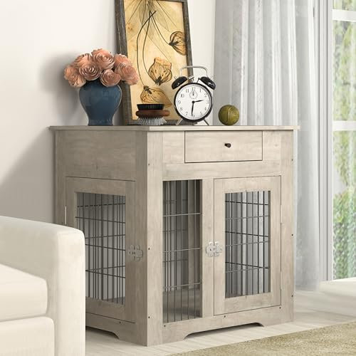 Okak Furniture Style Hundehütte, Grau, 75 cm L, drinnen und draußen, für mittelgroße und große Hunde, mit doppelten Schiebetüren, Holz- und Eisenmaterialien und Schubladenaufbewahrung