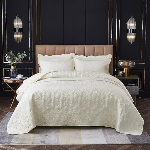OKYUK 3-teiliges Queen-Bettwäsche-Set, Gesteppte Tagesdecke, übergroße Mikrofaser, leichtes Bettbezug-Set mit Kissenbezügen, wendbar, Bedruckt, für alle Jahreszeiten, 220 x 240 cm (Milchweiß, 220 x