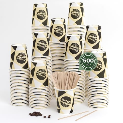 Horeca Collection MAXI PRODUCTS - Vasos Café Desechables con Paletina - Vasos Cartón - Vasos Desechables Catering - Vasos Café para Llevar - APTO BEBIDAS CALIENTES Y FRÍAS (200 cc, 500 unidades)