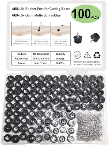 ABINLIN Small Rubber Feet for Chopping Board - 100 Pcs Garden Furniture Feet with 304 Stainless Steel Screws, Non Slip Rubber Pads for Furniture Feet, Chairs, Sofa, (0.6 W x 0.3 H)