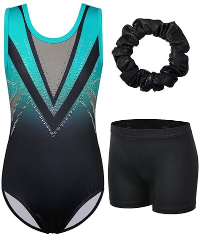 ZNYUNE Mädchen Turnanzug mit hose Haarband Set gymnastikanzug Kinder Shorts trikot turnen Ärmellos/Langarm Kleidung klassisch Turnbody B293 BlackGreen 10A