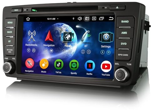 Erisin 8 Zoll 8-Kern 4GB+64GB Android 14 Autoradio GPS Navi für Skoda Octavia Yeti Rapid Superb Roomster IPS Touchscreen Unterstützt Bluetooth 5.0 Kabelloses CarPlay Android Auto DAB+ WiFi Canbus OBD2
