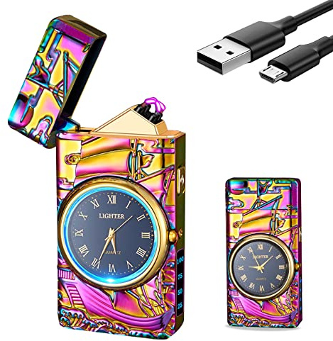 SKRFIRE Vintage de metal mechero con reloj - Encendedor eléctrico de arco eléctrico, recargable por USB, mecheros geniales con grabado de barco a vela, ideal para aventuras y al aire libre