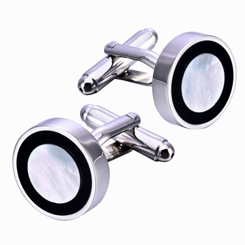 Manschettenknöpfe für Herren | Manschettenknöpfe Perlmutt Schwarz | Geschenk Hochzeit Perle | Geschenk für Männer Geburtstag Schmuck Edelstahl | Businesshemd Design Silber, Unique, Messing, Feueropal