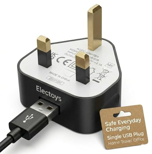 Electoys Single USB Plug UK - 5V 1A USB Plug - Fast Charger Plugs Head - UK 3 Pin Plugs With Cable Port - Main Wall Charging Adapter - Compatible with iPhone 7 8 XS Max XR 11 12 Samsung, Redmi, Huawei