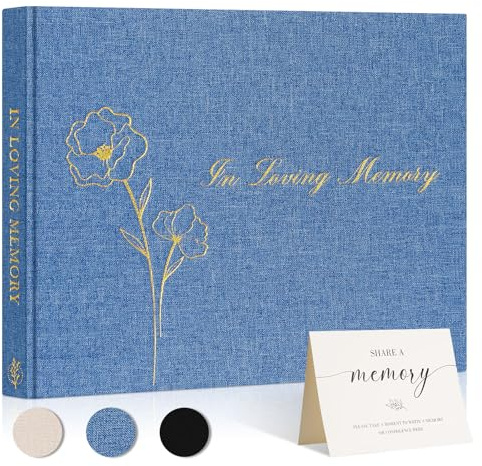 Lanpn Funeral Guest Book for Loving Memory, Linen Memorial Service Registry Guest Book, Funeral Favors Sign in Books for Guests, Celebration of Life Memory Book for Funeral with Table Sign, Blue