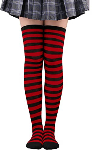 riou Medias de Rayas Rojas y Negras Calcetines Hasta la Rodilla para Mujer Calcetines Largos a Rayas Sobre la Rodilla Muslo Calcetines Altos Niña de Cosplay Carnaval Halloween Navidad