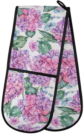 Ofenhandschuhe, doppelte Ofenhandschuhe, violett, Hortensien, Blumen, Ofenhandschuhe, Topflappen, hitzebeständig, gesteppt, für Grillen, Backen, Küche, Kochen