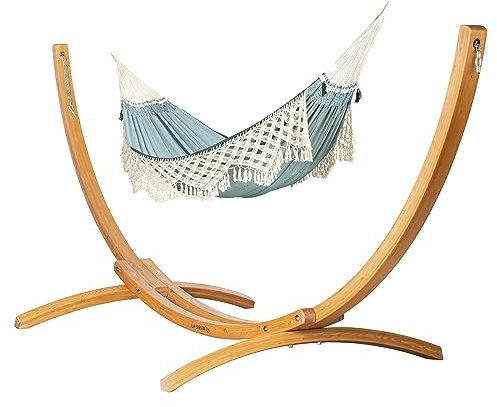 LA SIESTA® Bossanova Hamac Classic Kingisze en Coton Bio & Support en Bois - Structure Hamac Exterieur Interieur - Hamac Boho avec Support, Hamac sur Pied 2 Personnes pour Jardin Balcon - Fjord