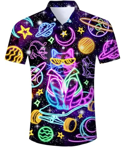 ALISISTER Mens Hawaiian Shirt 3D Neon Cat Printed Short Sleeve Ugly Shirts Tropical Button Down Beach Holiday Aloha Retro Summer Shirts XL