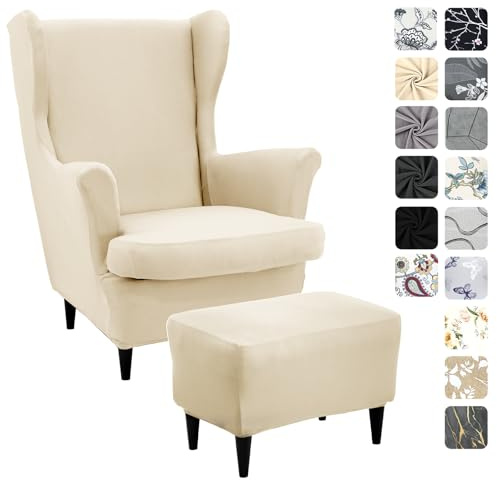 Alishomtll 3 Teilig Ohrensessel Überzug Mit Ottomane Schonbezug Stretch Sessel-Überwürfe Elastisch Sesselhusse Strandmon Tiger Stuhlbezug mit Armlehne Hohe Rückenlehne Universal (Beige)