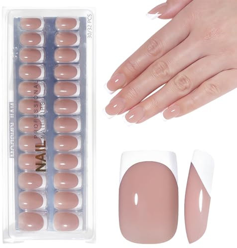 Nackt French Press on Nails - 32 Stück Künstliche Fingernägel Kurz - Quadratisch Nägel Zum Aufkleben French - Natürlich Kunstnägel Zum Aufkleben - Full Cover Künstliche Nägel Für Frauen (Deep Nude)
