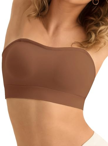 SHARICCA Axelbandslös behå för kvinnor utan bygel, sömlös bandeau bh utan remmar, push-up, sömlös tubtopp, bh, vadderad bralette med halkfri silikonstrapless BH, Mörkbrun, S