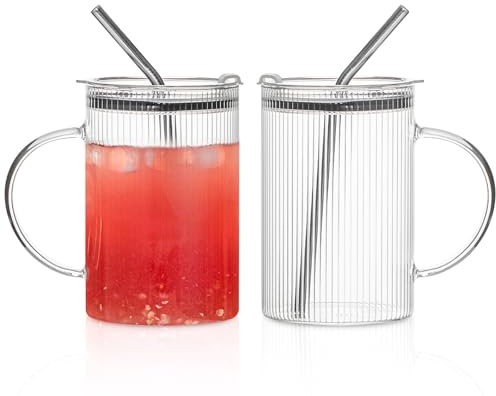 KEMORELA 2-Pack 1L Ribbed Glass Tumbler with Handle & Lid – Iced Coffee Cup, Smoothies, Cocktails & Juice, Heat & Cold Resistant, Lead-Free & Dishwasher Safe