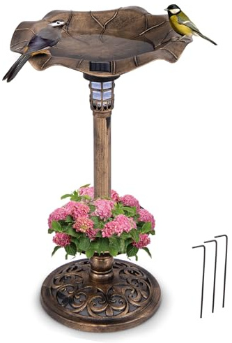 COSTWAY fågelbad med solcell, blomkruka, vattenskål och stativ, fågelmatningsstation retro, foderdispenser fågelmatare, vilda fåglar fågelbad trädgård gård terrass, Ø 43 x 76 cm (brons)