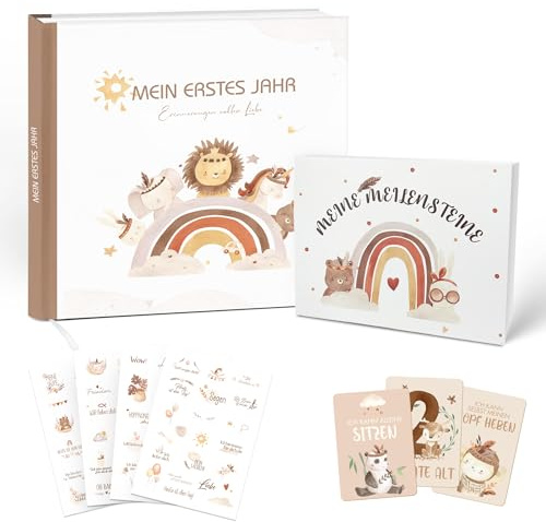 Baby Geschenkset zur Geburt – Mein erstes Jahr Erinnerungsbuch mit Stickern & 50 Meilensteinkarten – Neutrales Babyalbum Set für Junge & Mädchen – Geschenk zur Geburt & Babyparty