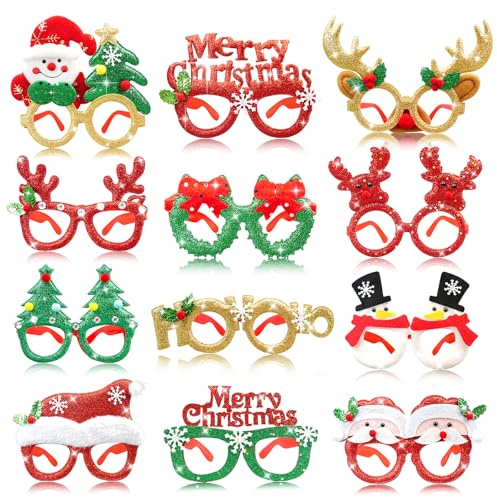 Weihnachtsbrille, 12 Stück Lustige Partybrillen Set, Kreative Weihnachts Gläser Rahmen Glitzer, Weihnachts Accessoires Deko Kinder Erwachsene, Weihnachtsfeier Deko für Fotobox Accessoires Weihnachten