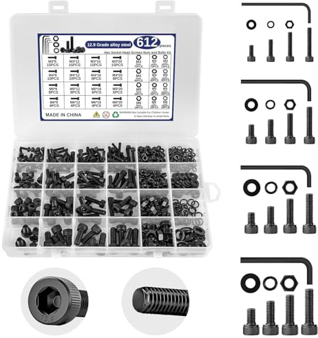 612 Pcs M3 M4 M5 M6 Black Nuts and Bolts Set, Hex Socket Head Nuts and Bolts Assortment Kit, 12.9 Grade Carbon Steel Mechanical Screws and Washers for Bicycle Motorcycle Repair