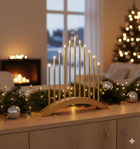 MeLiTec LED USB-C Stimmungsbogen Weihnachten, SL60, Gold, warmweiß (3000K), dimmbar (3 Stufen), 5h-Timer, kabellos inkl. Akku, IP20, Innen – modernes Dekorationslicht, Lichtbogen, Fensterlicht