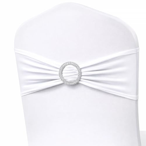Cosmo Celebrations® Stretch Stuhlschärpen, 25 Stück mit Schnalle (Weiß) | Spandex-Stretch, Vorgebundene Schleife, Wiederverwendbar, Hochzeit, Bankett & Party