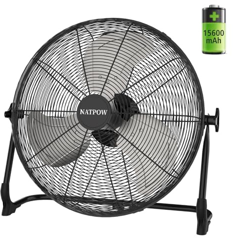 NATPOW 16 Inch Rechargeable Floor Fan, Cordless Gym Fan Built-in 15600mAh Battery, Low Noise Air Cooling Fan with Adapter 1.5M, 2500CFM Stepless Speed,USB Phone Charging for Garage Outdoor Jobsite