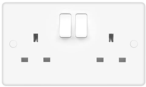 Evoges Vector 13A 2 Gang Switched Double Socket (Rounded Edge) – White, Double Pole, UK 3-Pin Power Outlet, Includes Fixing Screws & Screw Caps (Pack of 1)