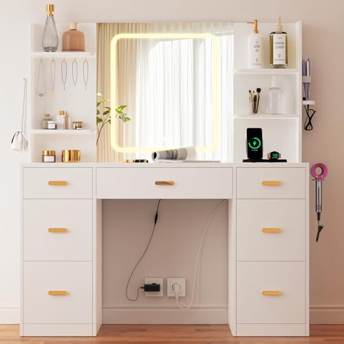 DEWINNER Coiffeuse | Miroir Coiffeuse avec Éclairage LED | Luminosité Réglable | 7 Tiroirs | 4 Étagères et 5 Crochets | Support Sèche-Cheveux et Fer à Boucler | Coiffeuse avec Miroir pour Chambre