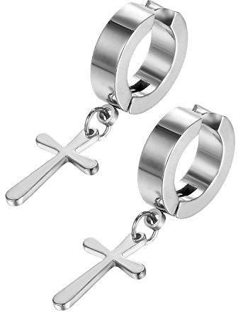 JewelryWe Schmuck Unisex Creolen Ohrringe Edelstahl Kreuz Ohrhänger ohne Loch Fake Ohrstecker Ohrclips Klappcreolen Huggie, Silber Gold Schwarz