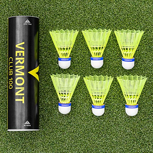 Vermont Club 100 Badminton Shuttlecocks Set | 77/78/79 Speed | Cork Tip & Synthetic Skirt Shuttlecock | Club & Fun Play | High Visibility Yellow or White | 6 Pack