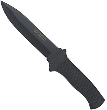 Cudeman Cuchillo 177-N hoja de acero ACX-380 pavonada en negro de 15 cm y empuñadura de caucho negro de 12 cm para caza, pesca, supervivencia y bushcraft + Portabotellas regalo