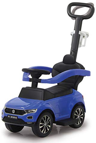 JAMARA 460462 Rutscher VW T-ROC 3in1-Kippschutz, Kofferraum, Schub-und Haltestange mit Lenkfunktion, Rückenlehne, seitlichen Schutzbügel, ausziehbare Fußauflage, Sound/Hupe am Lenkrad, blau