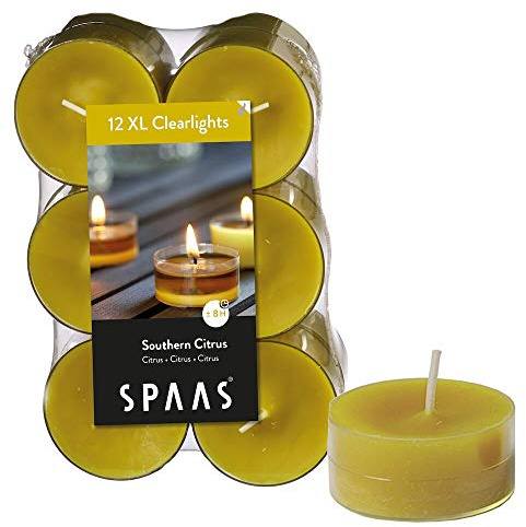 Spaas 12 Maxi Duftenden Clearlights, Teelichter mit durchsichtigem Halter, ± 8 Stunden-Southern Citrus, Paraffinwachs, Herbst gelb, D 56 mm x H 21 mm