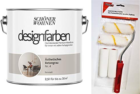 Schöner Wohnen designfarben feinmatte Wandfarbe für innen 2,5 Liter mit go/on Rollen-Set 5-tlg (Nr 4 Ästhetisches Betongrau)